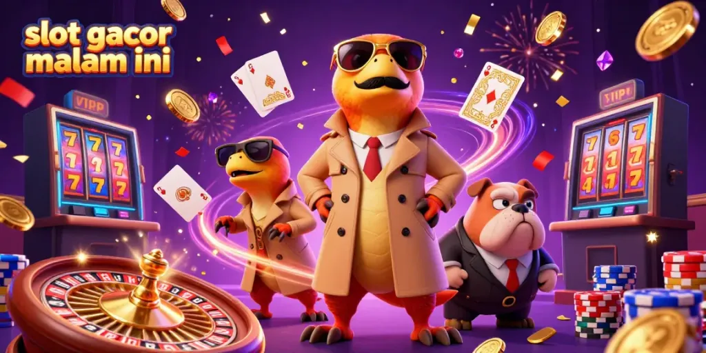 Experience the excitement of slot gacor malam ini with animated characters and vibrant casino elements in a fun scene.