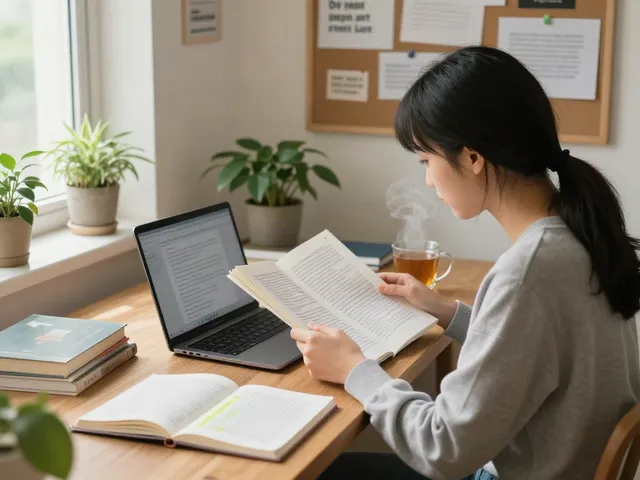 Student reading an article in a cozy home study, highlighting the phrase read this article.
