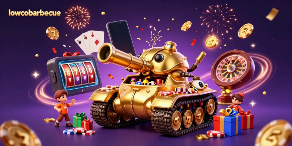 Engage in a festive lowcobarbecue casino experience with vibrant games, golden highlights, and confetti explosions.