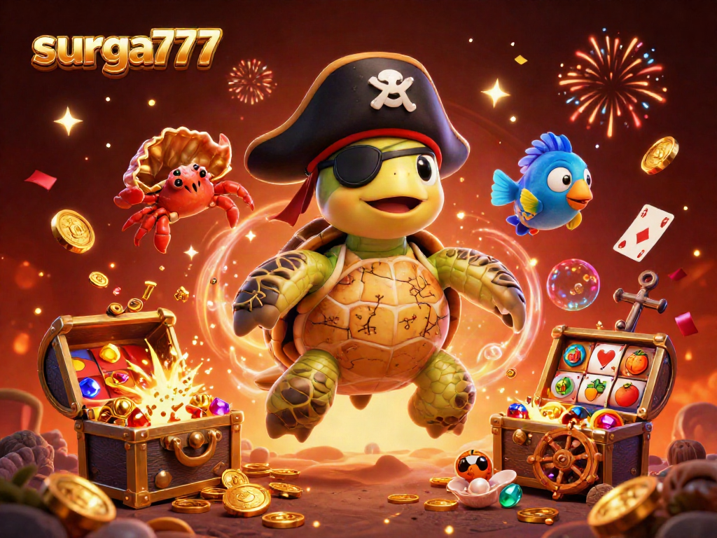 Experience the excitement of surga777 with a vibrant underwater casino scene featuring a pirate turtle and playful sea creatures.