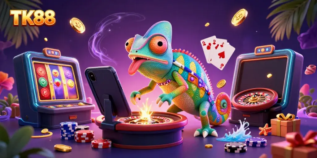 Engage with TK88 in a dynamic casino world featuring a colorful chameleon and vibrant game elements.