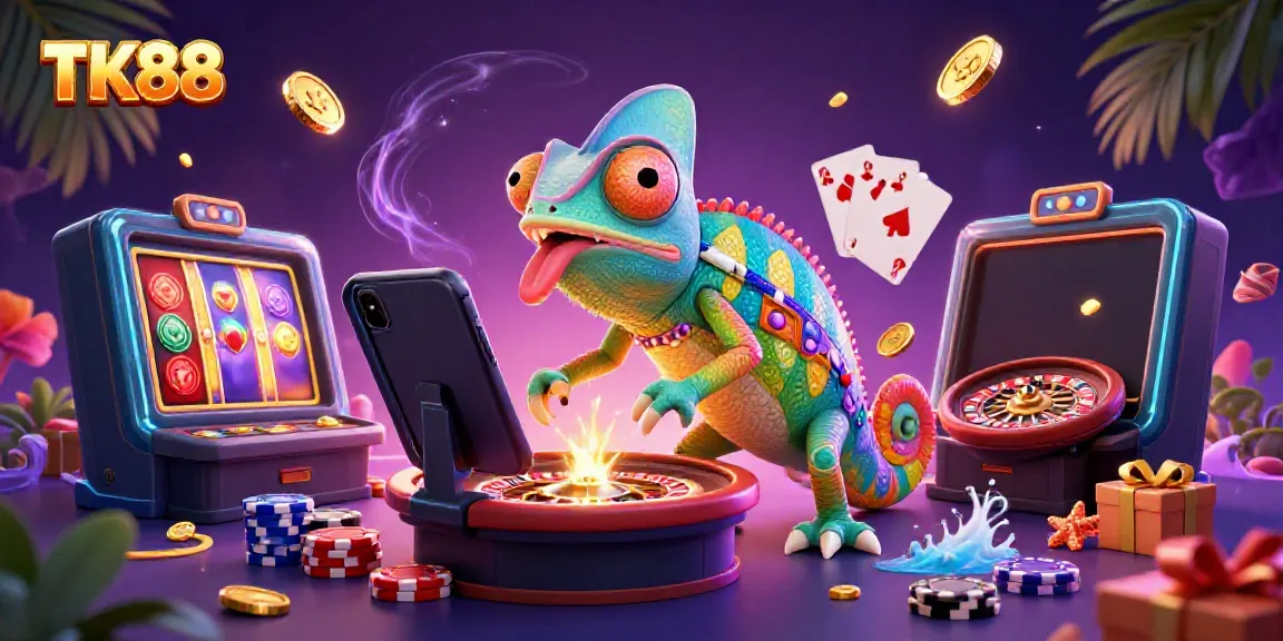 Engage with TK88 in a dynamic casino world featuring a colorful chameleon and vibrant game elements.