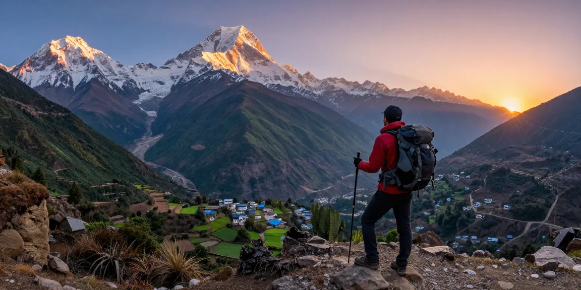 Hiker on the Manaslu Circuit at sunset, showcasing stunning mountain views and adventure spirit in Nepal.