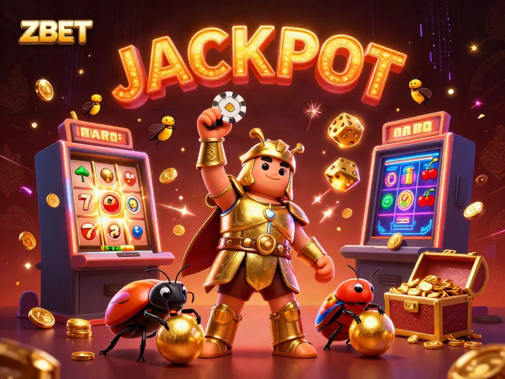 Experience the excitement of ZBET with a victorious beetle hero in a vibrant casino scene.
