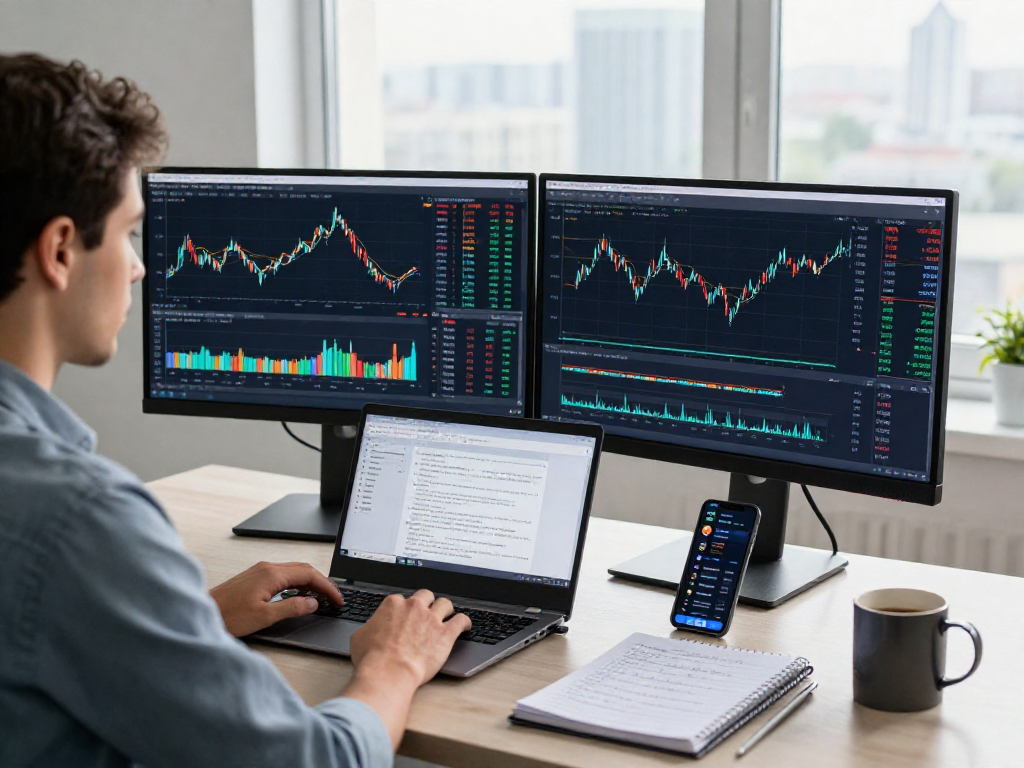 Trader using metatrader 5 on dual monitors in a modern office setup.