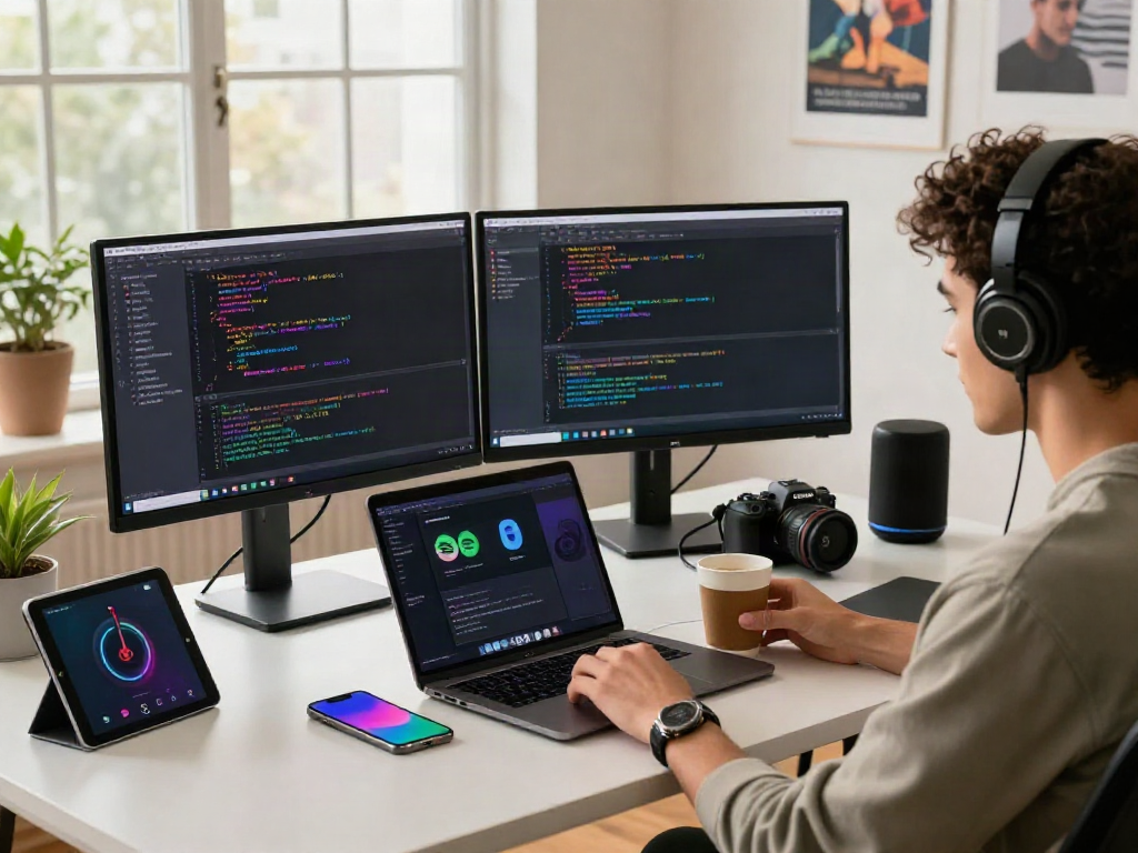 Developer coding with spotify mod apk on a laptop, dual monitors in a bright workspace.