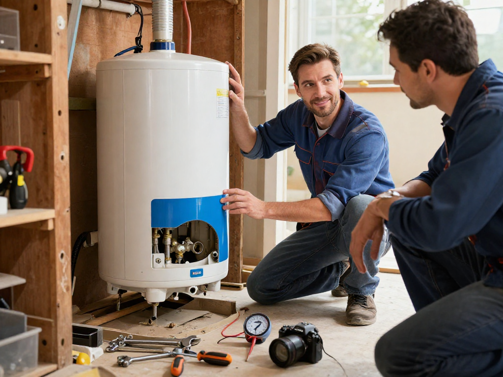 Plumber performing water heater replacement in Fort Worth basement, surrounded by tools and engaged homeowner.