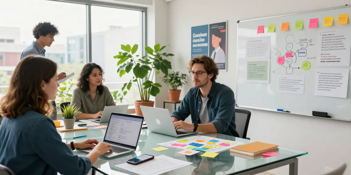 Collaborative workspace highlighting idea validation process with entrepreneur brainstorming and engaging team.