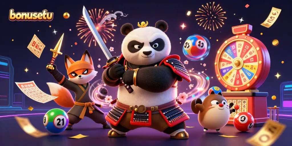 Engage with the vibrant world of bonusetu amidst swirling lottery elements and animated characters.