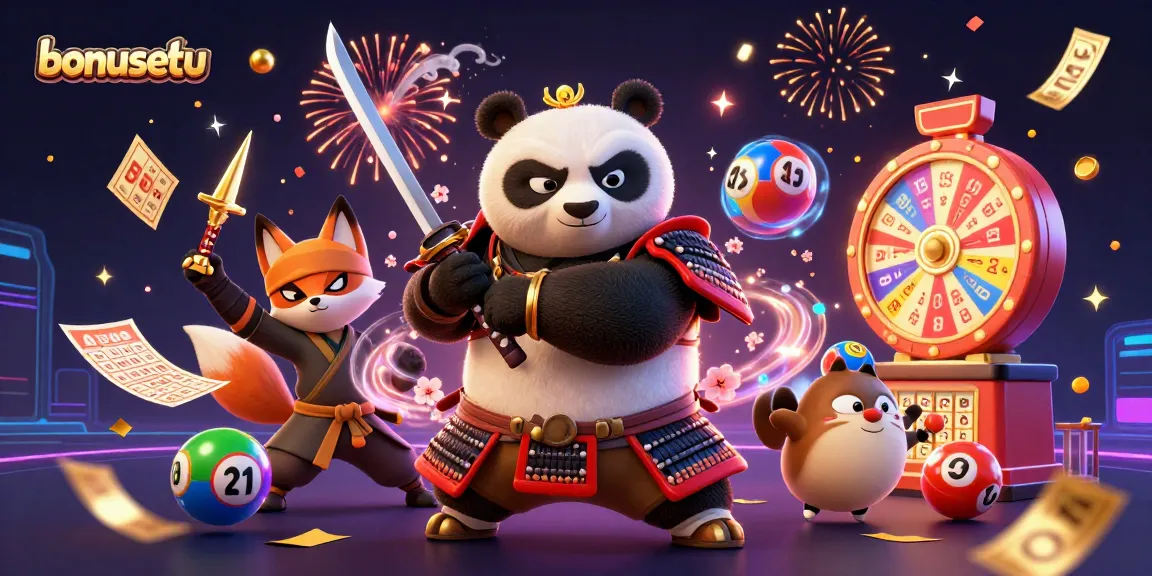 Engage with the vibrant world of bonusetu amidst swirling lottery elements and animated characters.