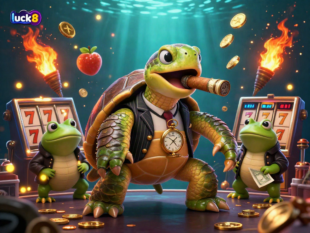 Experience excitement at luck8 with a vivid 3D scene of a casino featuring a turtle mobster, fireflies, and dynamic slot reels.