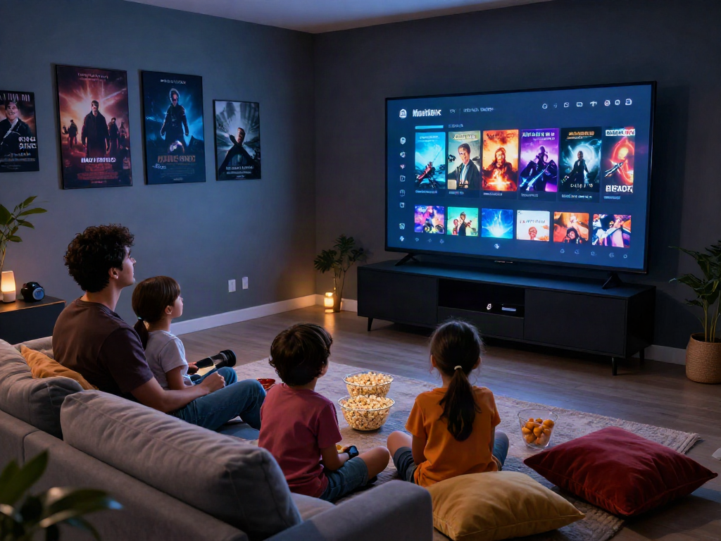 Family enjoying movie night with Moviebox app on TV, creating a cozy cinematic atmosphere.