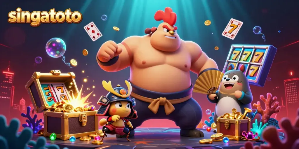 Experience the vibrant casino scene with singatoto's engaging characters in action amid floating slot reels and treasure.