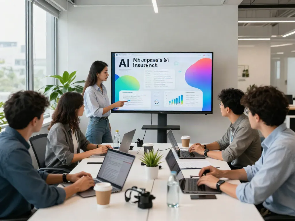 Team discussing insurance AI news in a bright, modern office setting.