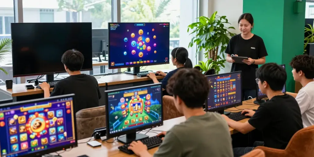 Dynamic PESGSLOT online gaming scene with players enjoying slot games in a vibrant lounge.