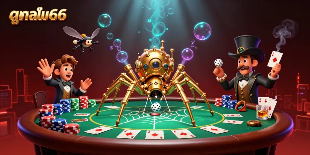 Engage with the dynamic scene showcasing ดูบอล66, highlighted by a steampunk spider, poker elements, and a Victorian fly gentleman.