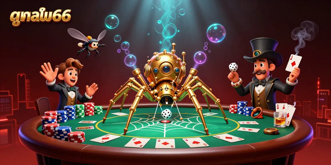 Engage with the dynamic scene showcasing ดูบอล66, highlighted by a steampunk spider, poker elements, and a Victorian fly gentleman.