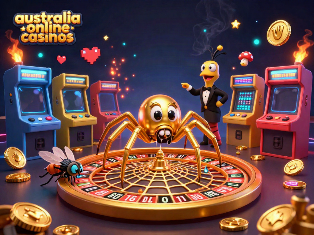 Experience thrilling gameplay at australia online casinos with a roulette wheel and animated characters.