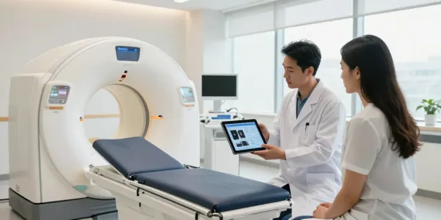 Patientenberatung zur Röntgenreizbestrahlung in einem modernen Diagnostikzentrum.