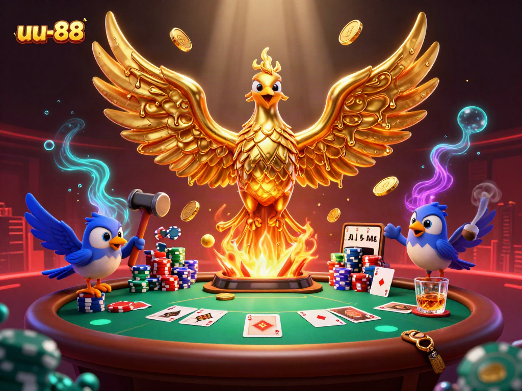 uu-88 showcases an engaging casino scene with a golden phoenix and poker elements.