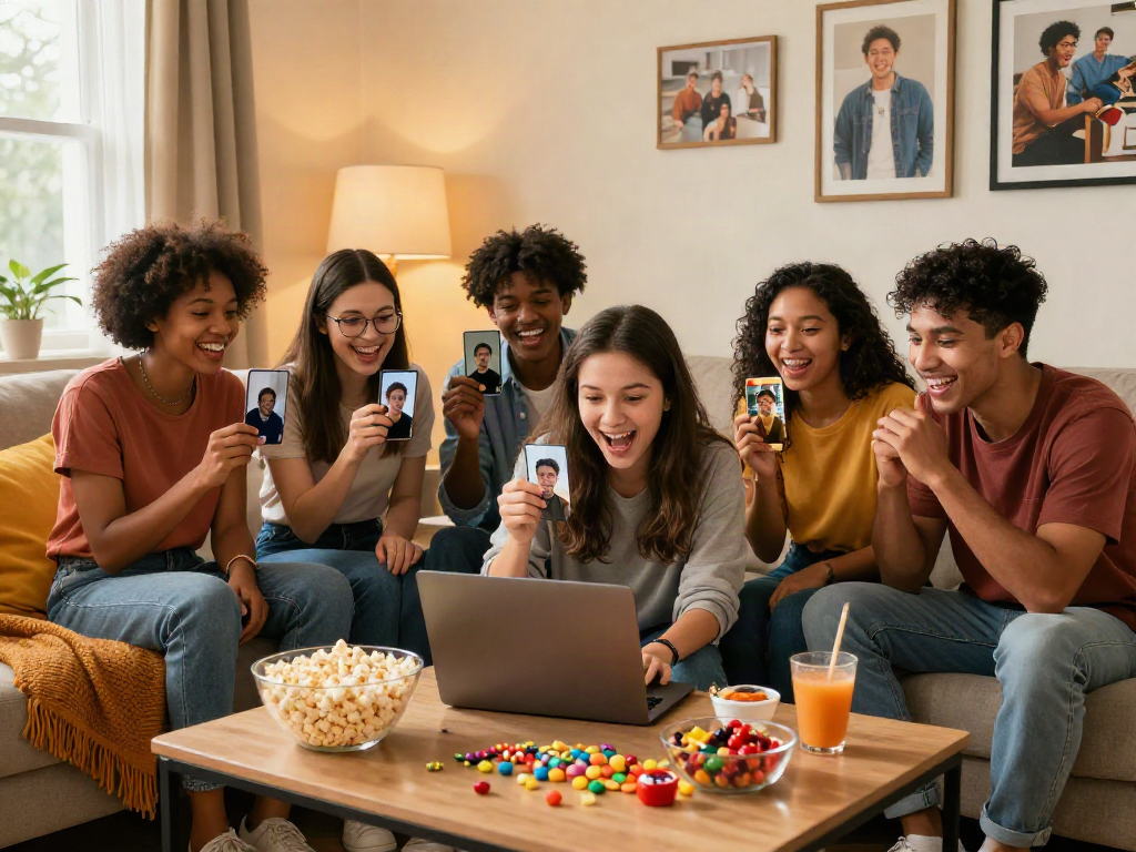 Friends sharing fun as they discover how old do I look with AI photo uploads in an inviting living room.