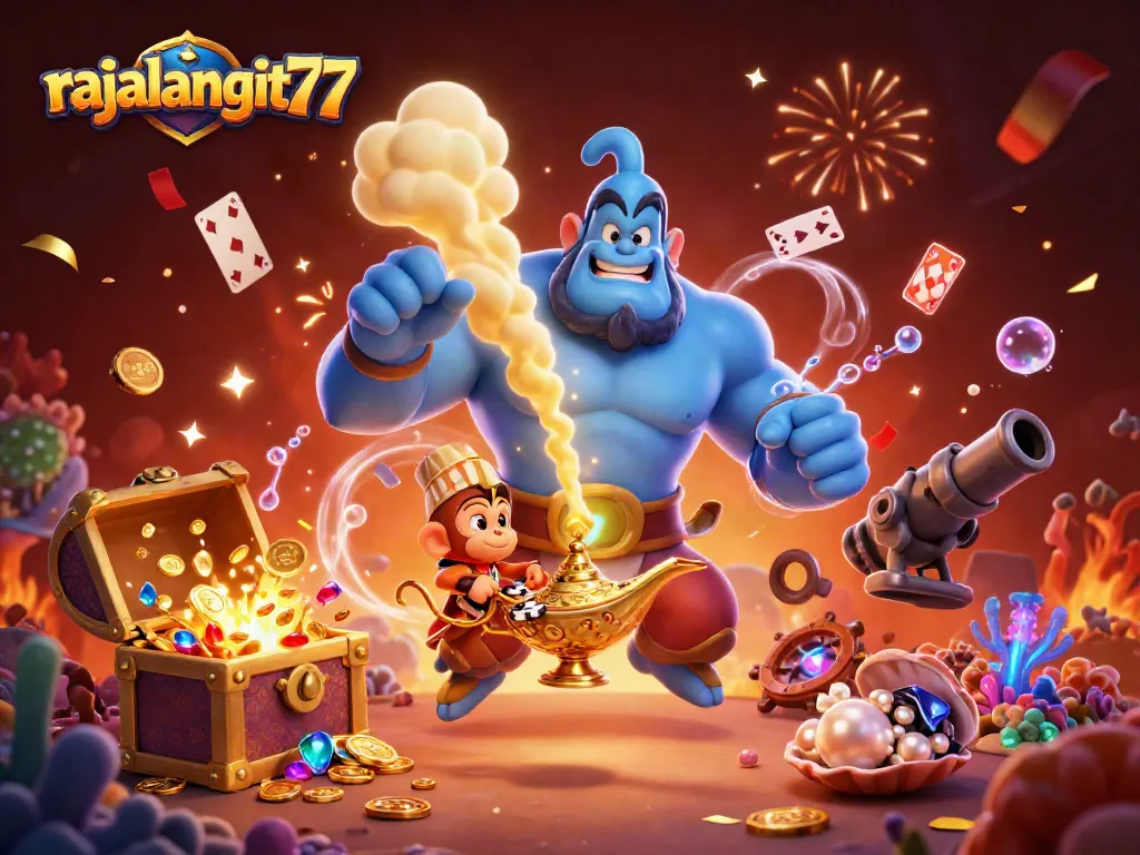 Play casino games with rajalangit77 as the magical genie offers poker chips and gold!